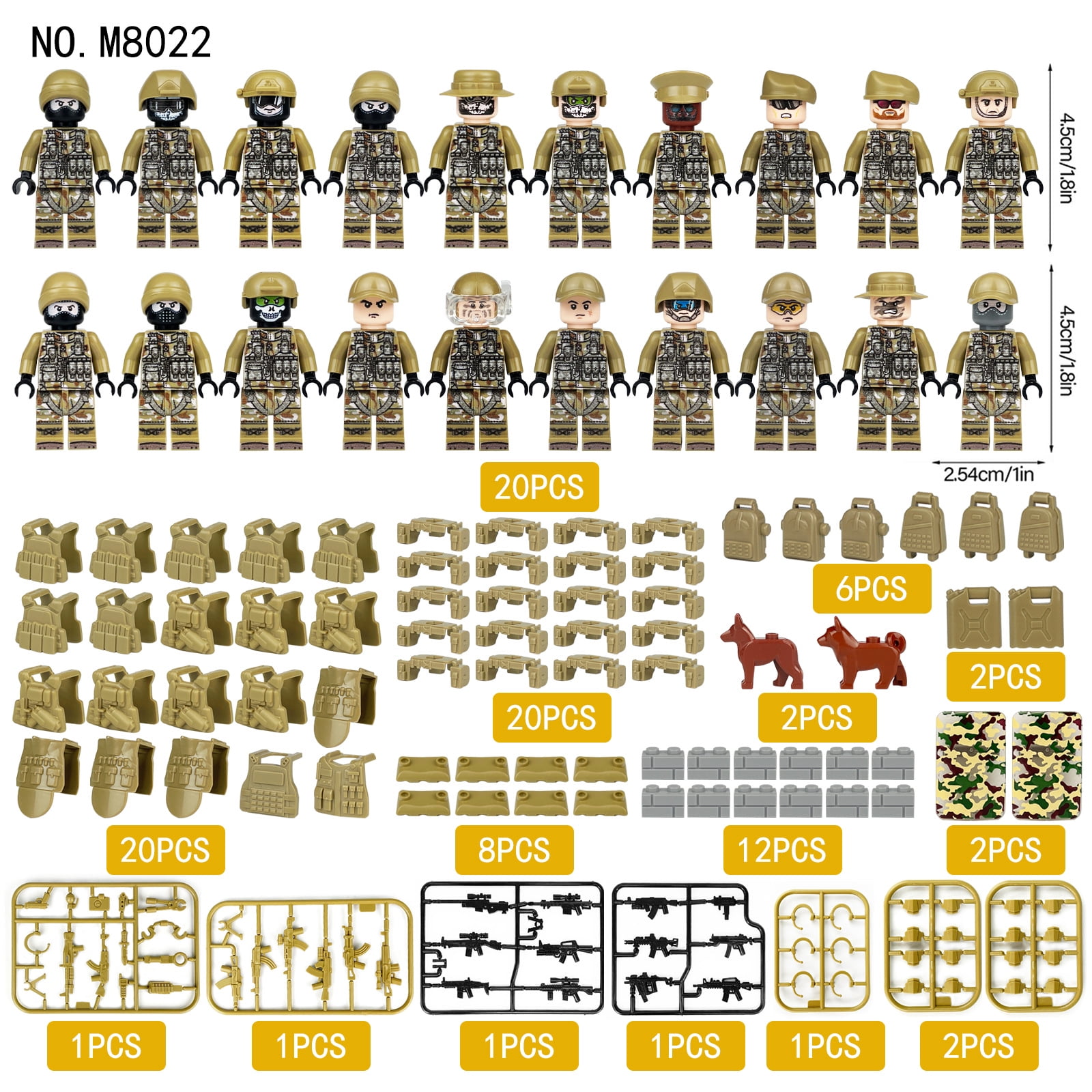 21PCS Military Army Action Figures – Desert Special Police Container Equipment Set, DIY Building Blocks Toy for Gifts & Kids
