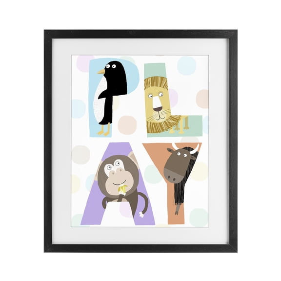 Stupell Industries Play Letters with Animals Black Framed Print Under Glass, design by Carla Daly