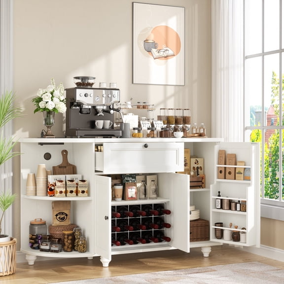 Homieasy Kitchen Sideboard Cabinet Buffet Table with Power Outlets, 55"Coffee Bar Cabinet with Drawer, Wine Rack/Shelves, for Living Room Entryway,White