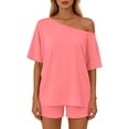 thumbnail image 2 of Sevevn Women’s Casual Set Short Sleeve Off Shoulder Top and Shorts Set Lightweight Breathable Loose Fit Two Piece Outfit, 2 of 9