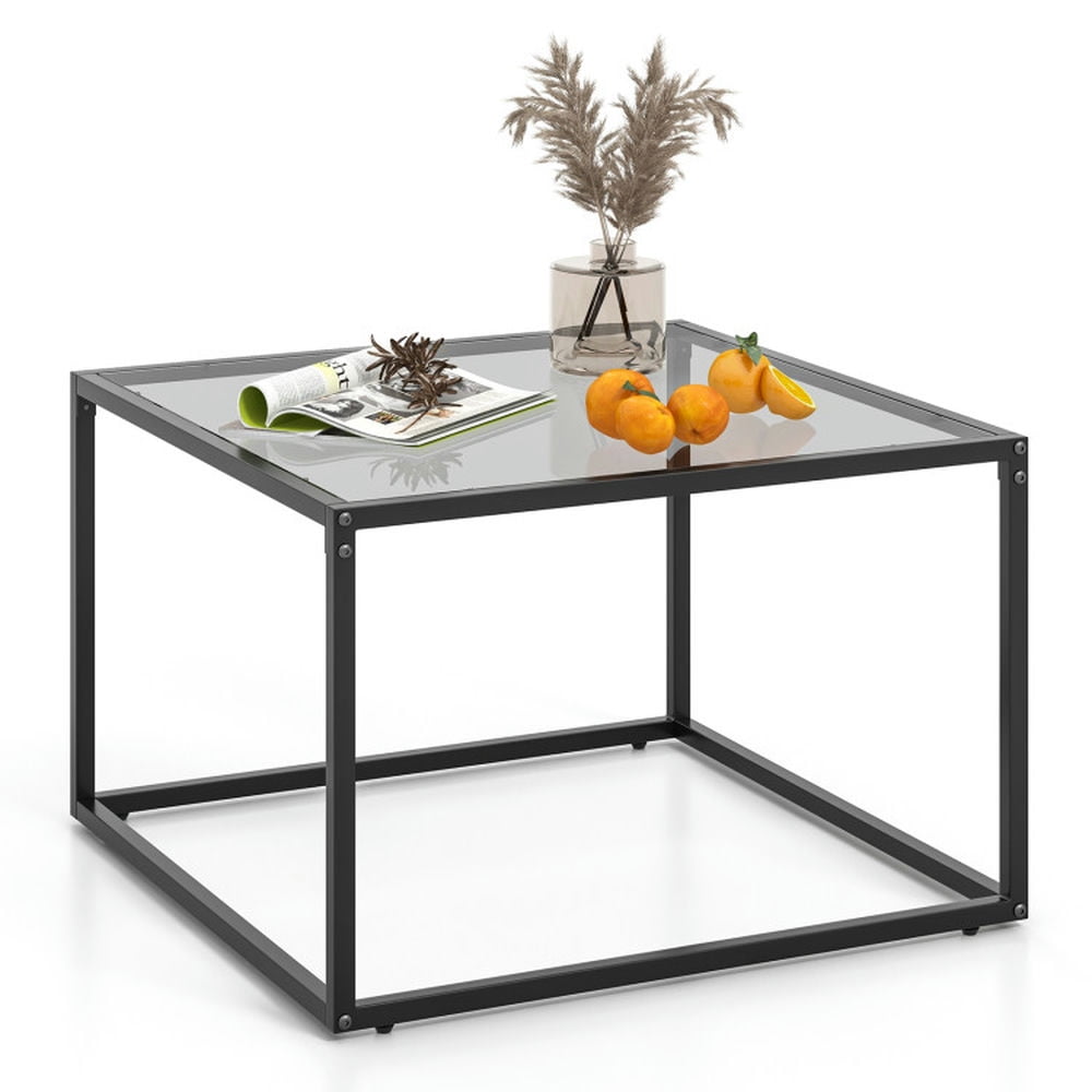 Finihen Coffee Table, Tempered Glass Coffee Table, 27.5 Inch Home Square Tea Table with Heavy-duty Metal Frame, for Living Room, Reception Room, Gray