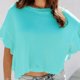 thumbnail image 4 of Top de punto con manga con volantes para mujer, cuello redondo, manga corta, jersey de color puro para verano, azul lago M, 4 of 6