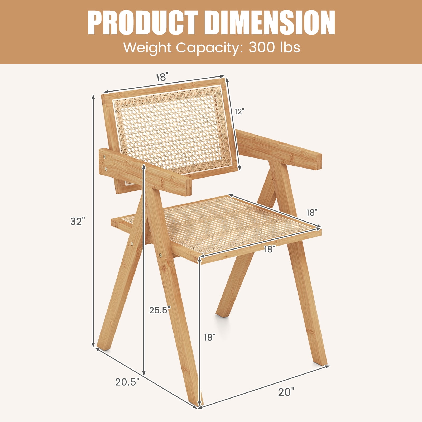 Costway Set of 4 Rattan Accent Chairs Mid Century Dining Armchair Bamboo Frame Kitchen Natural