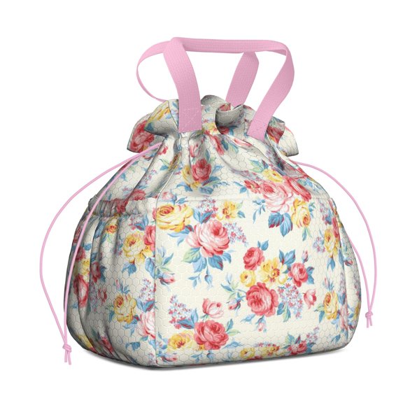 Pioneer Flower Drawstring Lunch Bag Women - Drawstring Lunch Bag Insulated for Work Office - Stain-Resistant Large Lunchbags for Women with Multi-Pockets