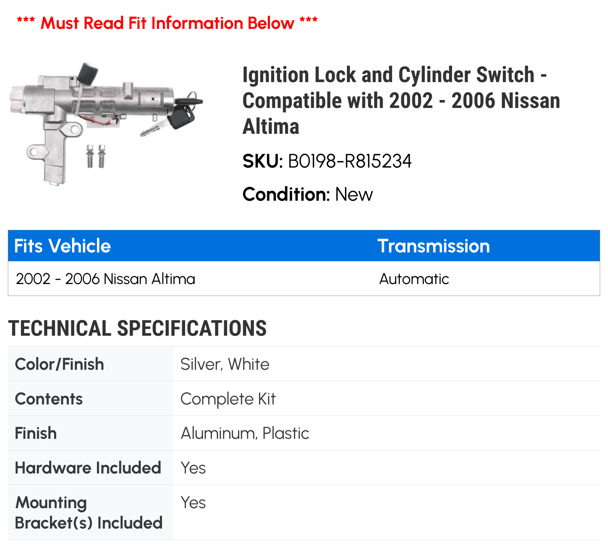 Ignition Lock and Cylinder Switch - Compatible with 2002 - 2006 Nissan Altima 2003 2004 2005