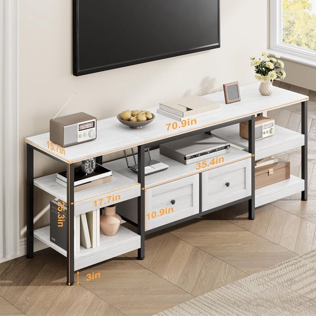 Fulvari Meuble Télé Industriel de 71 Pieds' avec 2 Tiroirs, Console Multimédia avec Étagères de Rangement, Centre de Divertissement et Table Console Télé Industrielle avec Étagères de Rangement Ouvertes pour Salon, Chambre