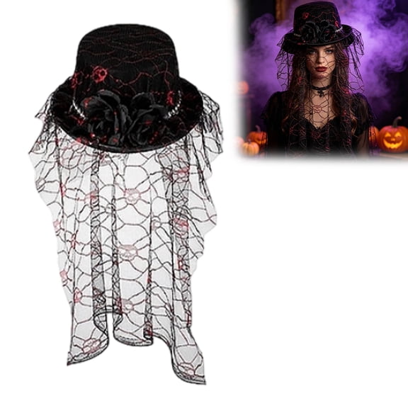 Gothic Top Hat with Skull and Rose for Cosplay Halloween Party Black 1pc