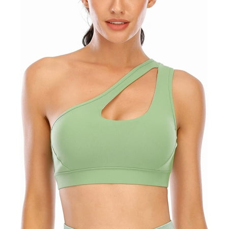 

QWZNDZGR One Shoulder Sports Bra Removable Padded Yoga Top Post-Surgery Wirefree Sexy Cute Medium Support