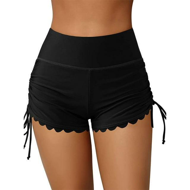 Womens Swim Shorts High Waisted Drawstring Wavy Hem Bathing Suit