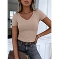 thumbnail image 6 of ANRABESS Women Short Sleeve V Neck Ribbed Knit Fitted Shirts Basic Tees Tops 2026 Summer Casual T-shirts Going Out Outfits Light Khaki Small, 6 of 11