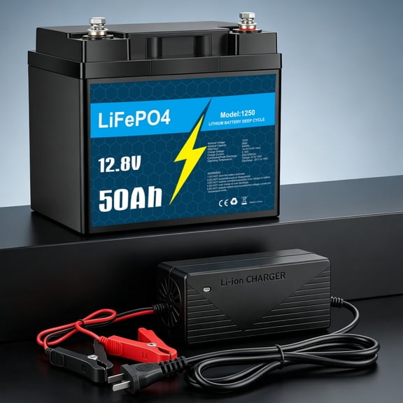 12V 50Ah LiFePO4 Lithium Battery with 10A Charger, Deep Cycle, for Trolling Motor