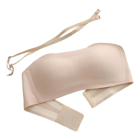 Gvdentm Strapless Bra for Women Non-Slip Silicone Padded Bandeau Bra Wireless Tube Top Bra Beige S