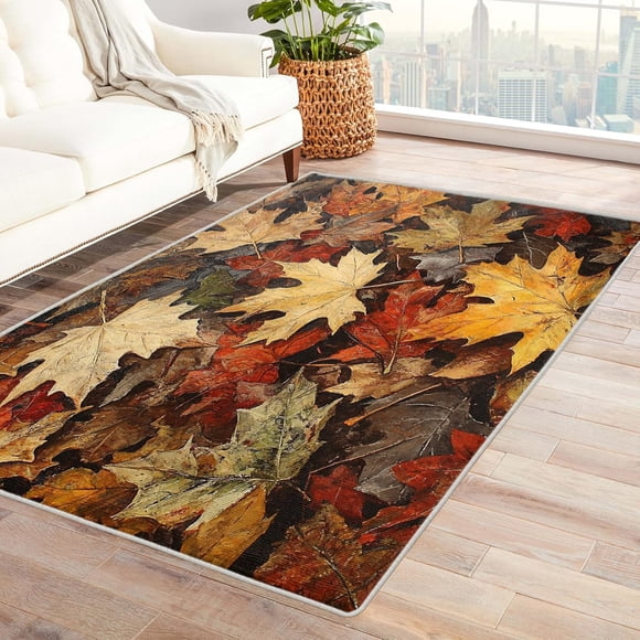 Autumn Maple Leaf Area Rugs, Orange Plant Pattern Carpet, Washable Non Slip Low Pile Soft Rug for Living Room Bedroom Decor Mat 4x6ft