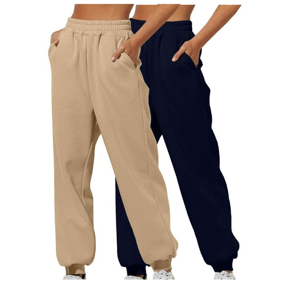 Enjoytime 2 Pack Women's Pants Solid Color Cozy Sweatpants with Pockets High Waisted Lounge Loose Workout Jogger Khaki L