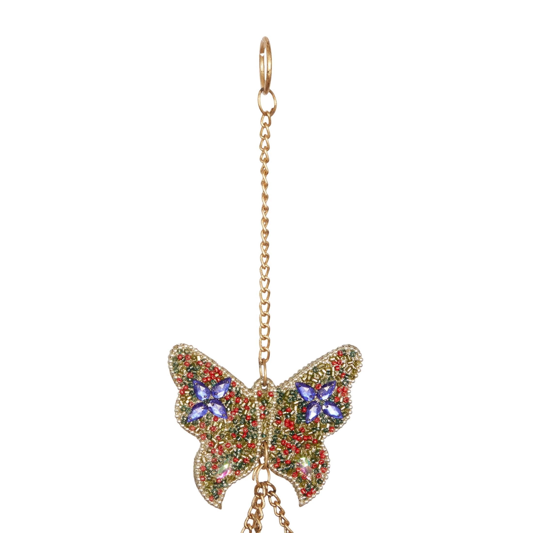 DecMode 39" Gold Metal Handmade Embellished Butterfly Windchime with Glass Beads and Cone Bells