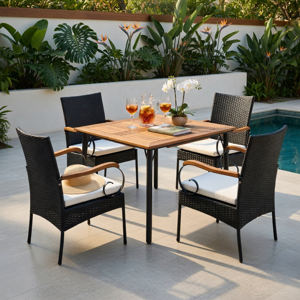 Hommoo 2-Piece Outdoor PE Wicker Dining Chairs with Acacia Wood Armrests, Weather-Resistant Patio Seating Set, Off-White Cushions, Sturdy X-Frame Design, Brown