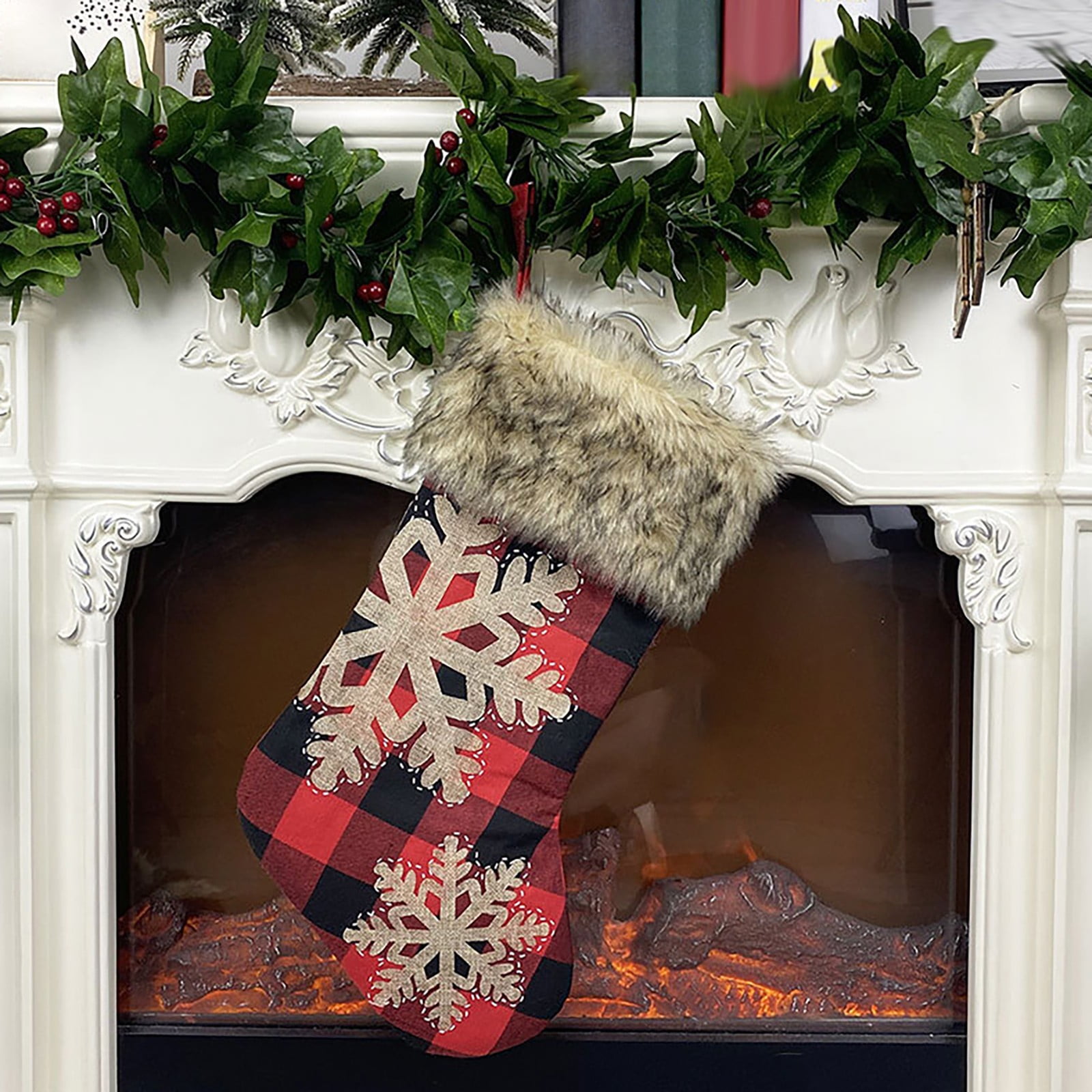 Wall Hangs,Christmas Stockings 4 Pack 18" Big Christmas Stocking Stuffers Snowflake Santa Snowman Reindeer Burlap Plaid Socks With Plush Cuff Candy Socks For Family Holiday Christmas P