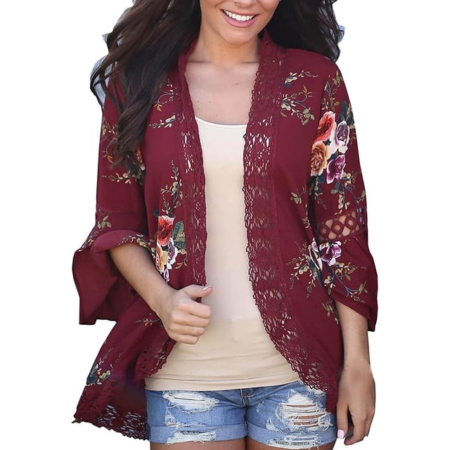 Cardigan à Manches 3/4 Décontracté à Manches Longues et Volants en Dentelle d'Automne pour Femmes