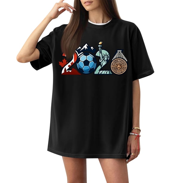 Women's Football Graphic T-Shirt, Women's Soccer Letter Print Short Sleeve T-Shirt - Casual Summer Neck Top for Sports Fans, Everyday Wear for Soccer Tournament 2026 Black Size: 2XL