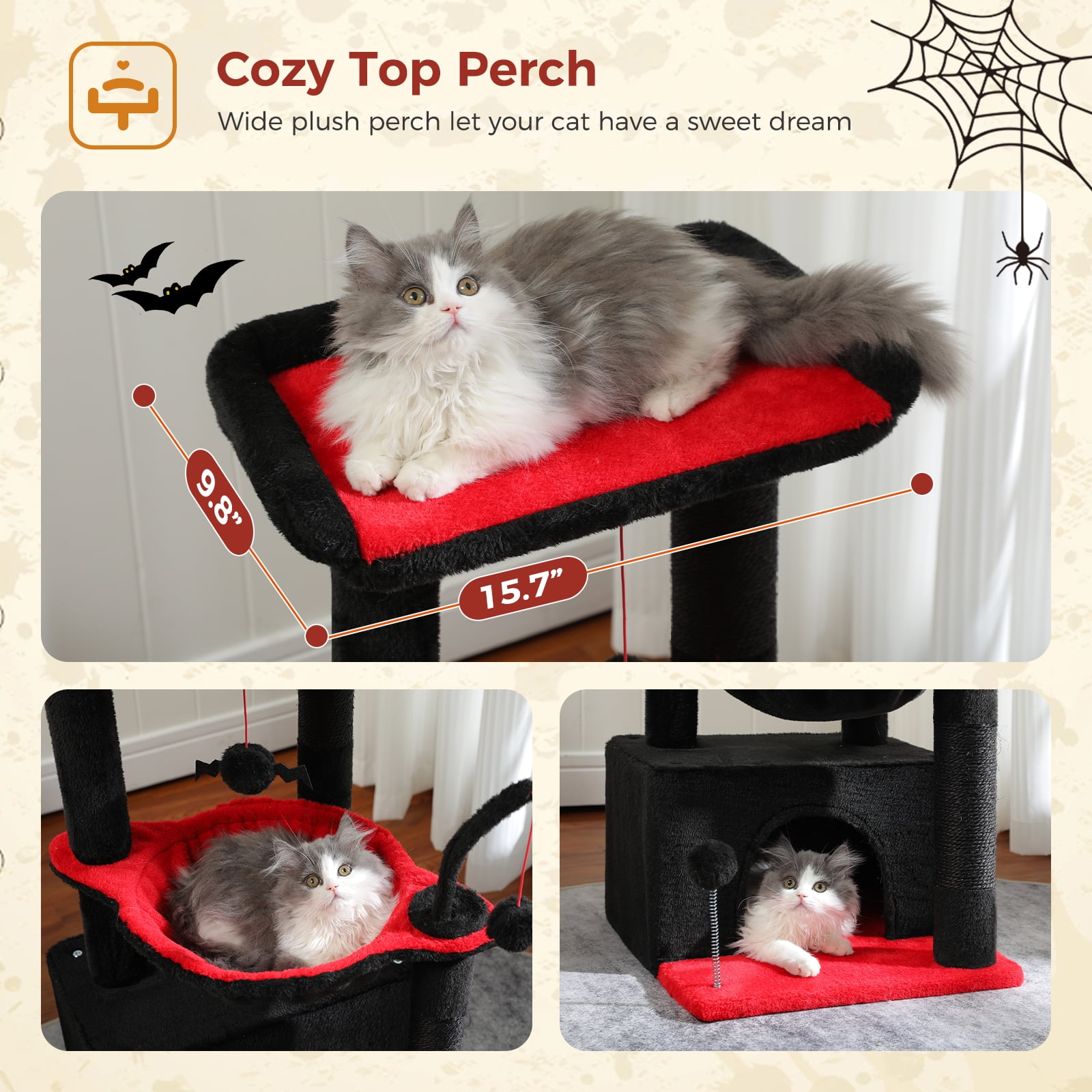 PAWZ Road Cat Tree 33" Gothic Cat Scratching Posts Tower with Large Top Perch and Hammock for Medium Indoor Cats, Black