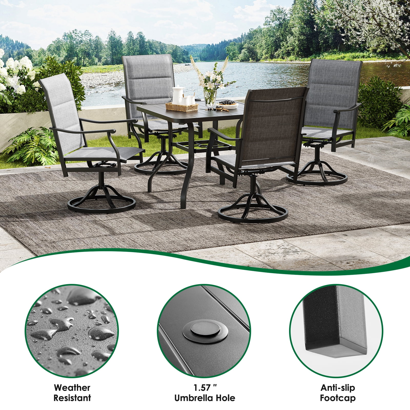 STARY 5 Pieces Outdoor Dining Set with 1.57" Umbrella Hole, Patio Swivel Dining Textilene Chairs and 35"x35" Iron Square Table for 4 People, Balcony