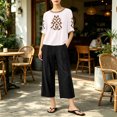 thumbnail image 6 of IUYRTFE Women's Embroidered Short Sleeve Top and Cropped Pants Set with Pockets Cotton Linen Blend Casual Two Piece Outfit, 6 of 7