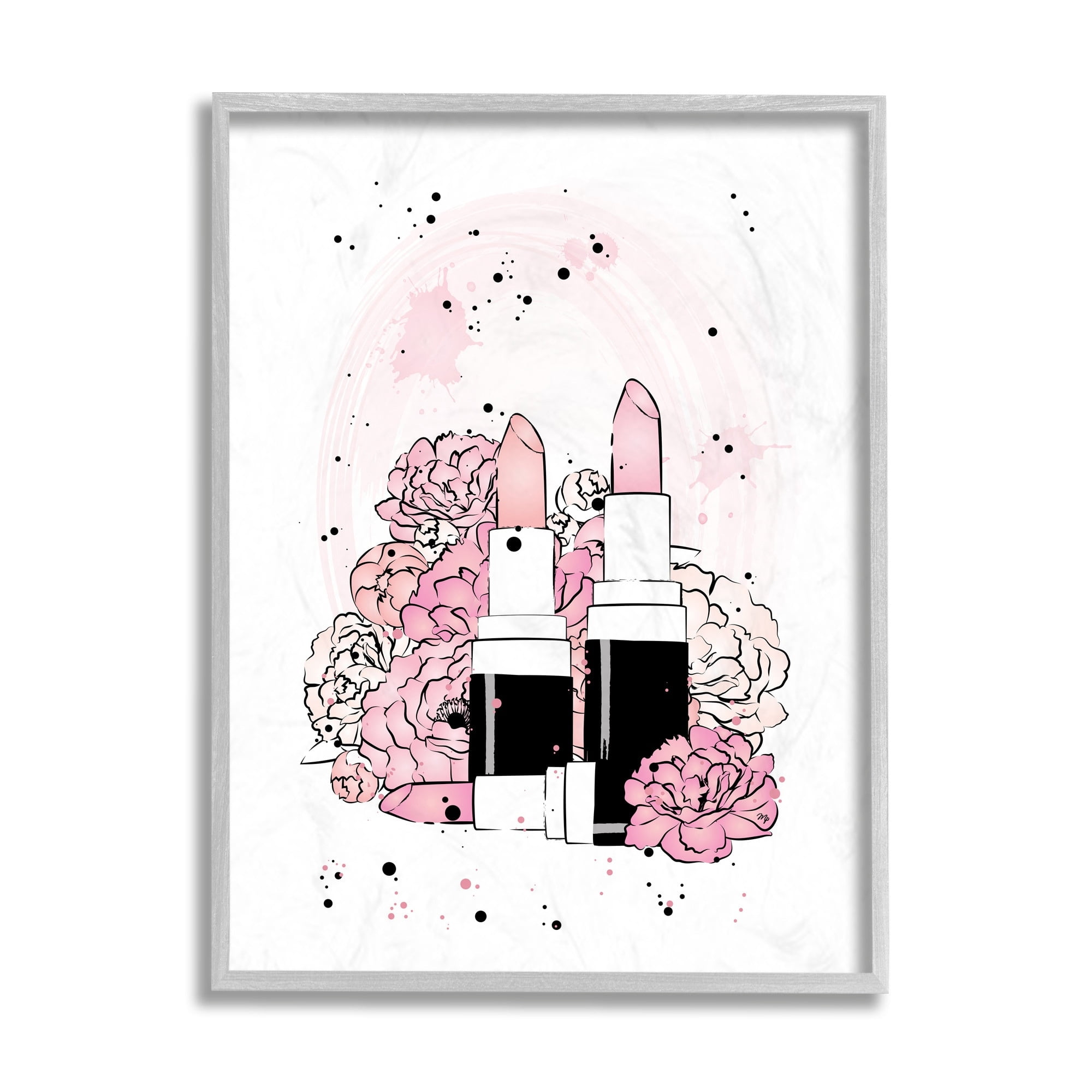 Stupell Industries Pink Peony Florals Glam Lipstick Cosmetic Beauty & Fashion Painting Gray Framed Art Print Wall Art, 11 x 14