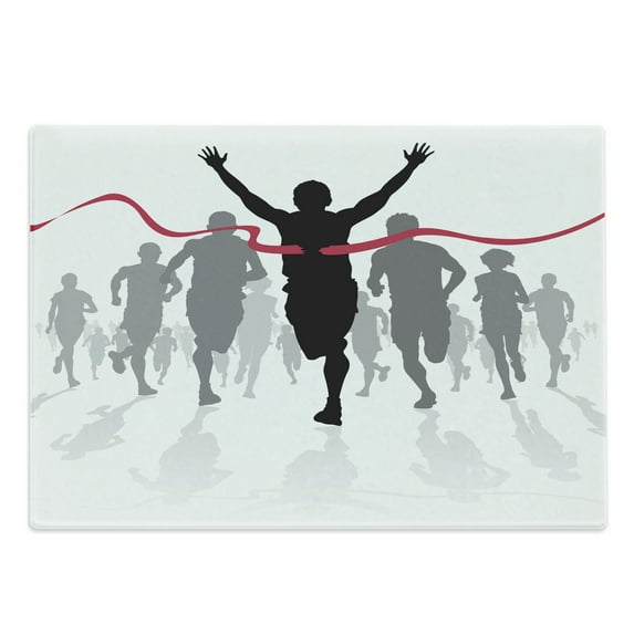Running Cutting Board, Athletes Competing to Reach the Finish Line Sportive Silhouettes Print, Decorative Tempered Glass Cutting and Serving Board, in 3 Sizes, by Ambesonne