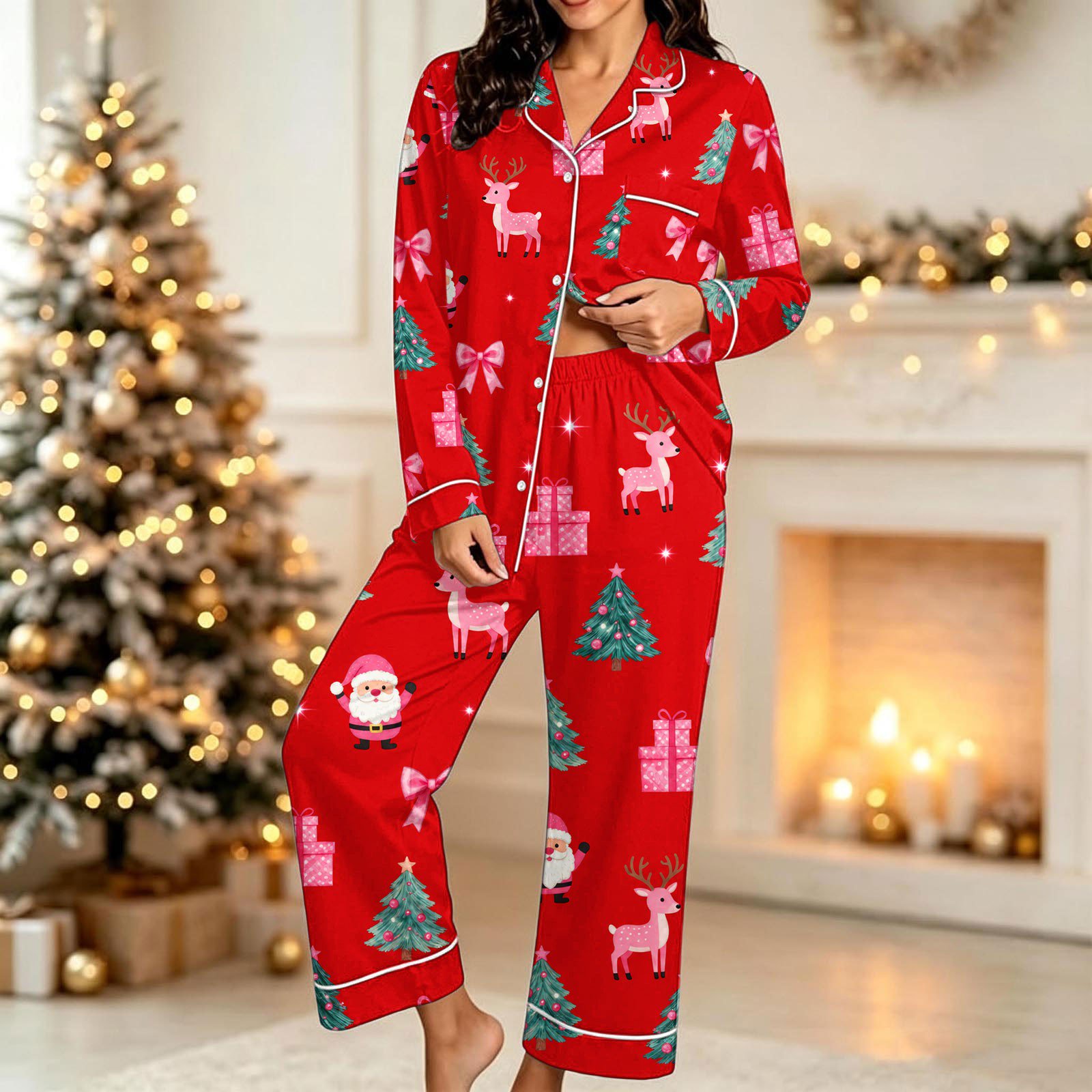 Jamicy Christmas Pajama Set for Women 2 Piece Lounge Sets Long Sleeve Button Down Top with Pants Loungewear Home Clothes
