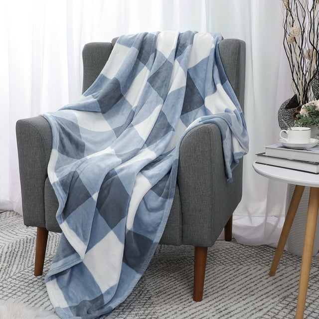 PiccoCasa Plaid Blanket Fuzzy Plush Blanket for Bed, Blue and White Twin/60"*78"