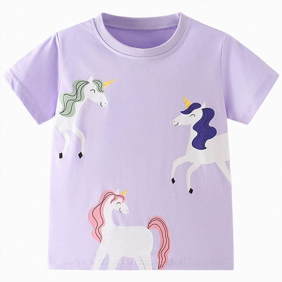 Nwiuh Toddler Girls Short Sleeve Shirts Unicorn Graphic Cotton Shirt Tee Summer T-Shirts for Girls(Purple,3-4 Years)