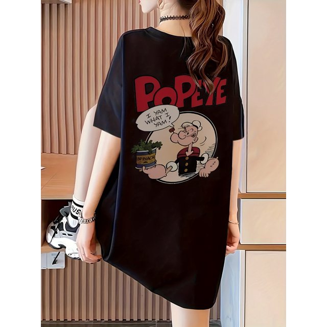 Women's Oversized White Popeye Graphic Tee - Y2K Style Short Sleeve T-Shirt with "Popeye" Print, Loose Fit for Spring/Summer, Polyester Material, Spring Fashion | Trendy Casualwear | Nonstretch Mater
