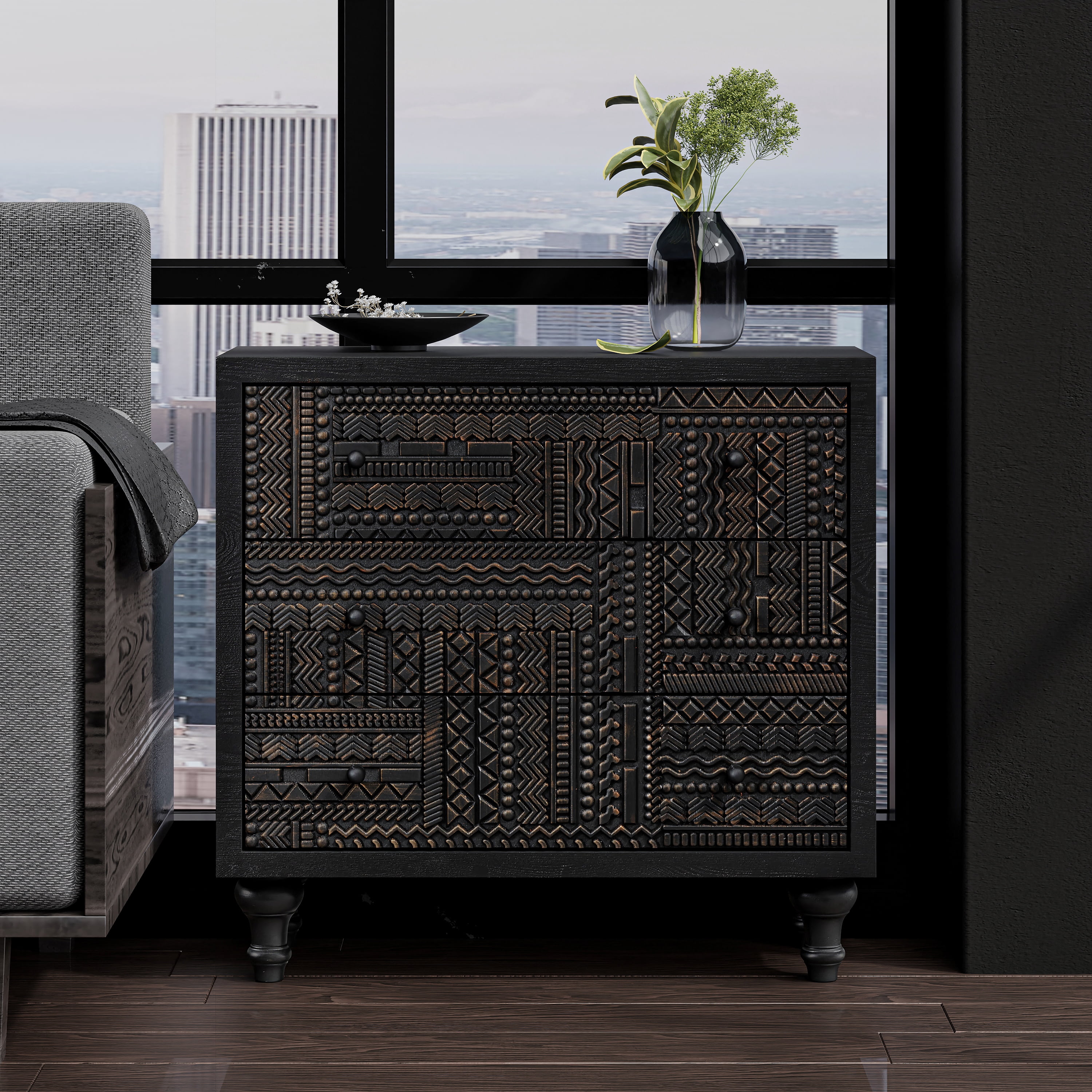 COZAYH 3 Drawer Farmhouse Dresser with Geometric Carved Pattern, Vintage Accent Wood Storage Chest Nightstand for Living Room, Bedroom, Boho, Mid-Century Modern, Black, Fully Assembled