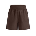 thumbnail image 4 of Stretch Jean Shorts for Women Linen Shorts Women Elastic Smocked Waist Patch Pocket Breathable Summer Casual Bottoms Brown L, 4 of 6