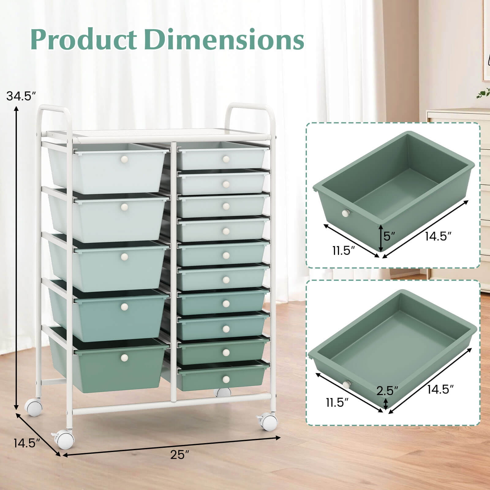 Costway 15-Drawer Rolling Storage Cart Mobile Cart with Colorful Drawers & Metal Frame Gradient Green