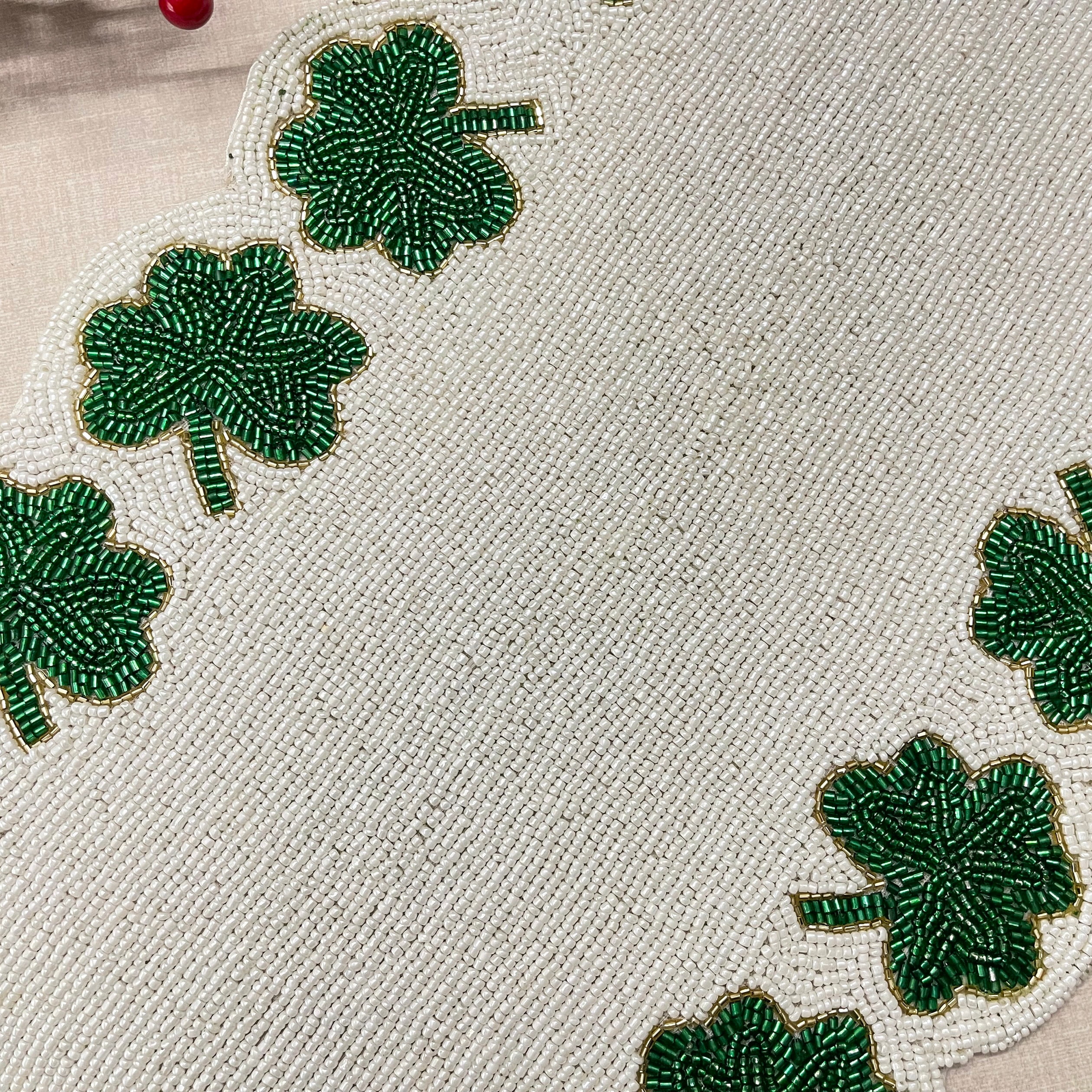Handmade table runner, Clover Leaf / Shamrock hand beaded runner, Green 13x36inch