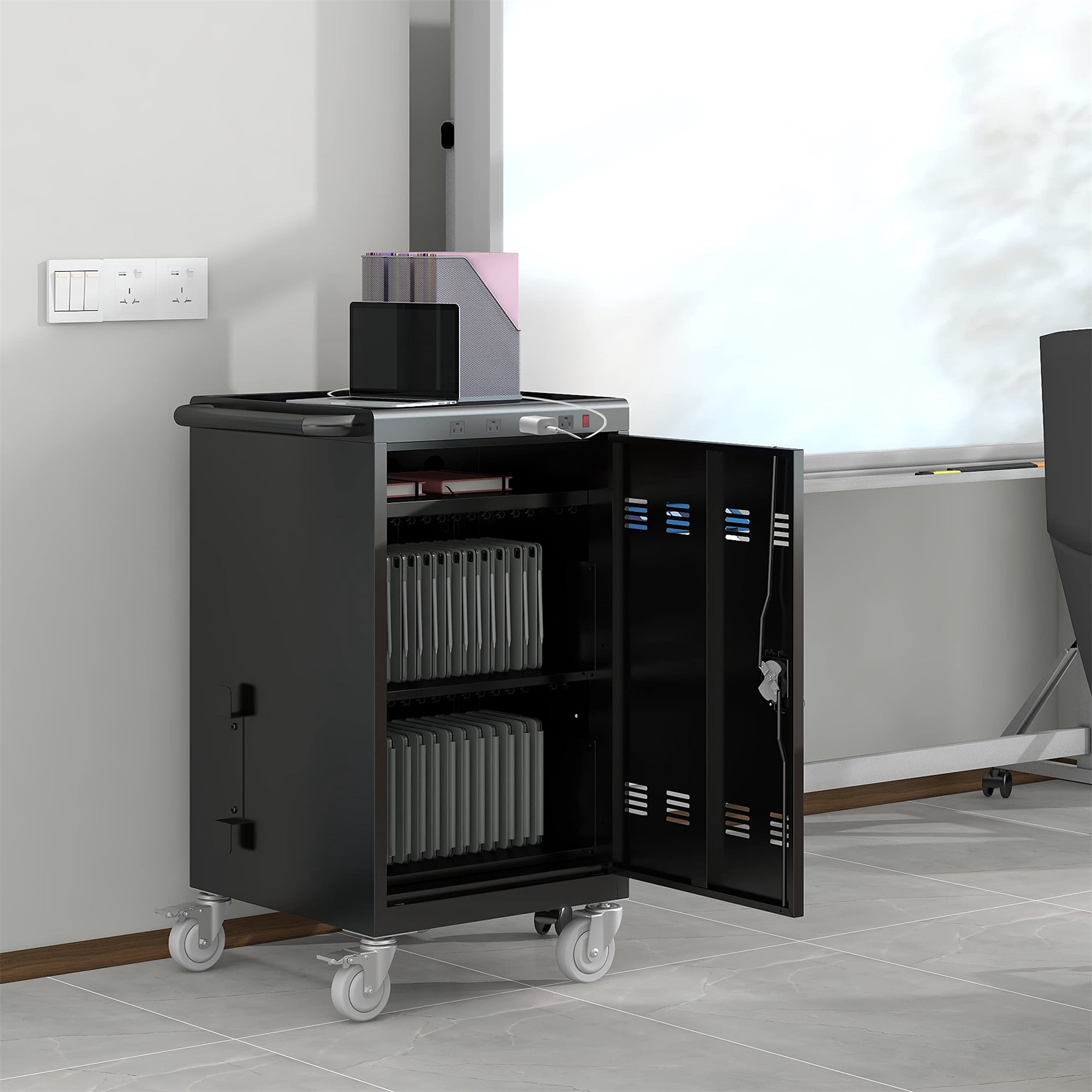 Aukfa 35-Unit Mobile Charging Cart, Classroom Locking Charging Station up to 16-inch Chromebooks and Laptop, Black