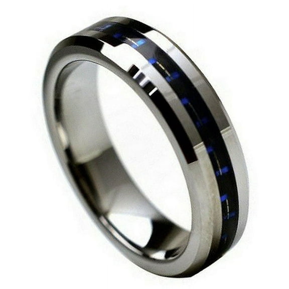 6mm Tungsten Carbide Beveled with Black & Blue Carbon Fiber Inlay Wedding Band Ring For Men Or Ladies