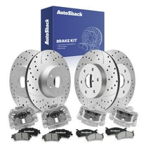 AutoShack Front & Rear Drilled & Slotted Brake Rotors Ceramic Brake Pads Calipers | Replacement for 2003-2004 GMC Sierra 1500 | Silver Zinc Coated | 16-PC Brake Kit | SilverShield Pro