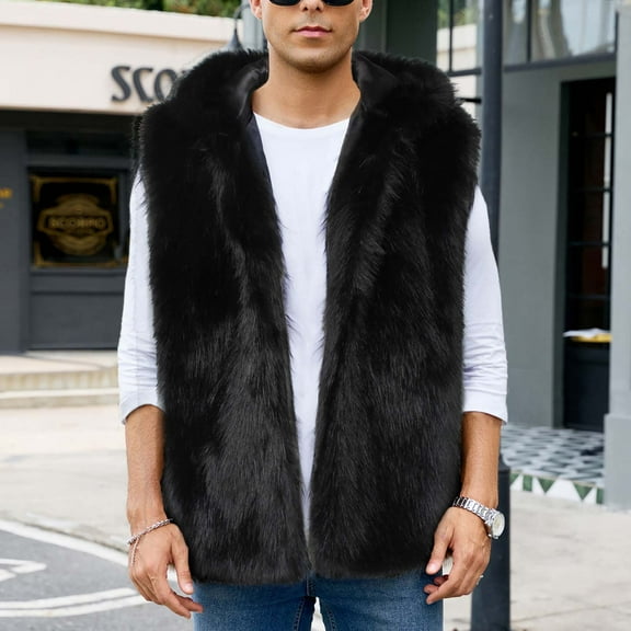 Zedker Men's Faux Fur Coat Open Front Thicken Warm Winter Overcoat Casual Fashion Outerwear Fluffy Soft Lapel Long Jackets Black L