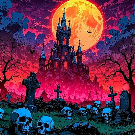 Diamond Art Painting Kits for Adults,Halloween Castle 5D Diamond Painting Dots Art Kits for Adults Beginner, DIY Full Round Gem Crystal Art Paint by Diamond, Home Wall Decor 14x 14 in