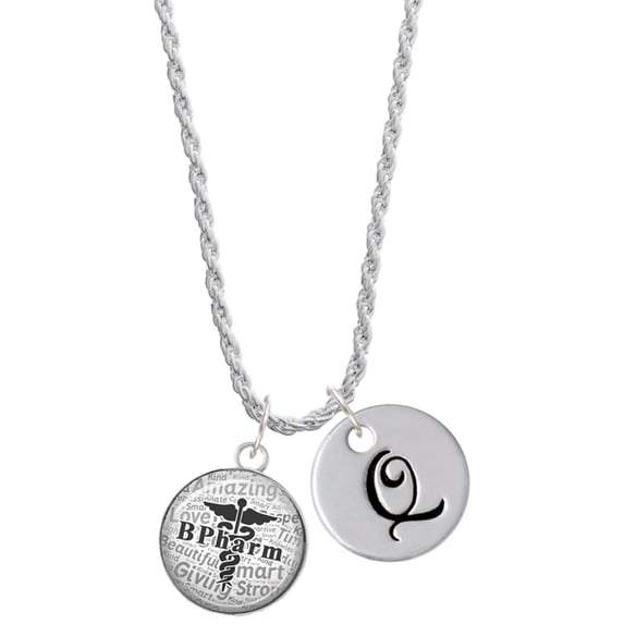 Delight Jewelry Silvertone Domed Black B Pharm Silvertone Script Initial Disc - Q - Charm Necklace, 20"+3"