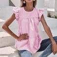 thumbnail image 2 of Summer Saving Wycnly Womens Shirts Fashion Ruffle Sleeve Loose Pleates Swing Tops Summer Short Sleeve Crewneck Ladies Striped Print Tops and Blouses Pink XL, 2 of 7