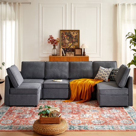 Soscana Modular Sofa Flexible Custome Sectional Sofa Couch with Storage Seat, Modern U-shaped 6 Seater Sofa Couch for Living Room Apartment Office Studio