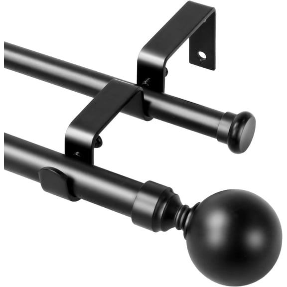 Urbanest Steel Ball Flat Button 1" 5/8" Double Drapery Curtain Window Rod Set - 48" to 84", Black