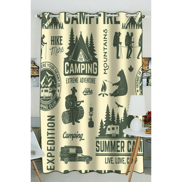 EREHome Summer camp tent mountain campfire hiker forest silhouette Blackout Window Curtain Drapery One Panel 52x84 inch one Piece