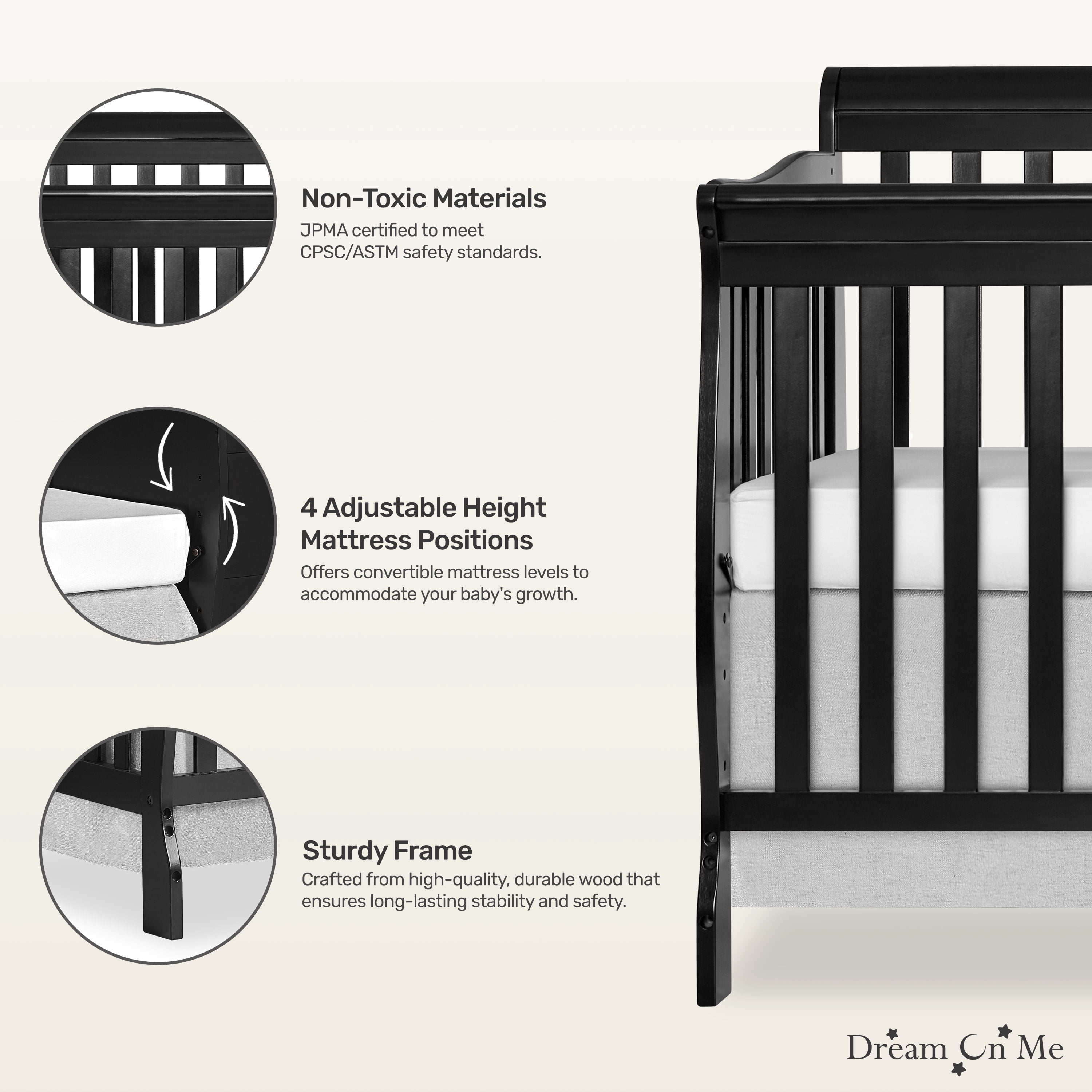 Dream On Me Brody 4-in-1 Fixed-Side Convertible Crib and Changing Table Combo, Black