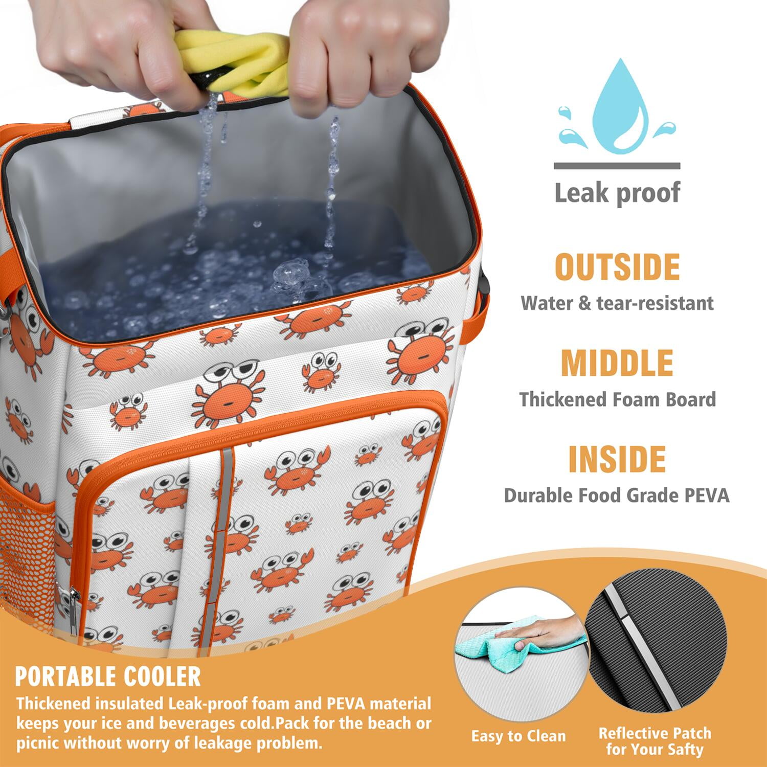 Camping Cooler Backpack 26 Cans,Insulated Backpack Insulated Leak Proof Travel Cooler Bag Waterproof Lunch Picnic Beach Work Trip Thermal Bag Drink Beverage Beer Bag Cooler Marine Adorable Crab