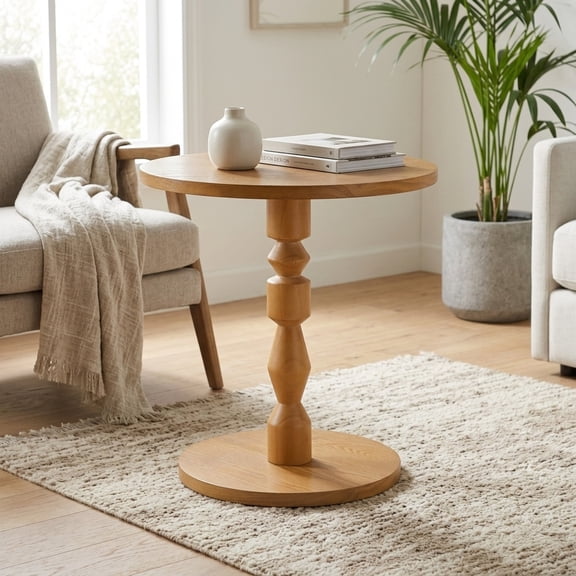 Round Accent Side Table with Pedestal Leg - Mid-Century Modern Light Oak Finish