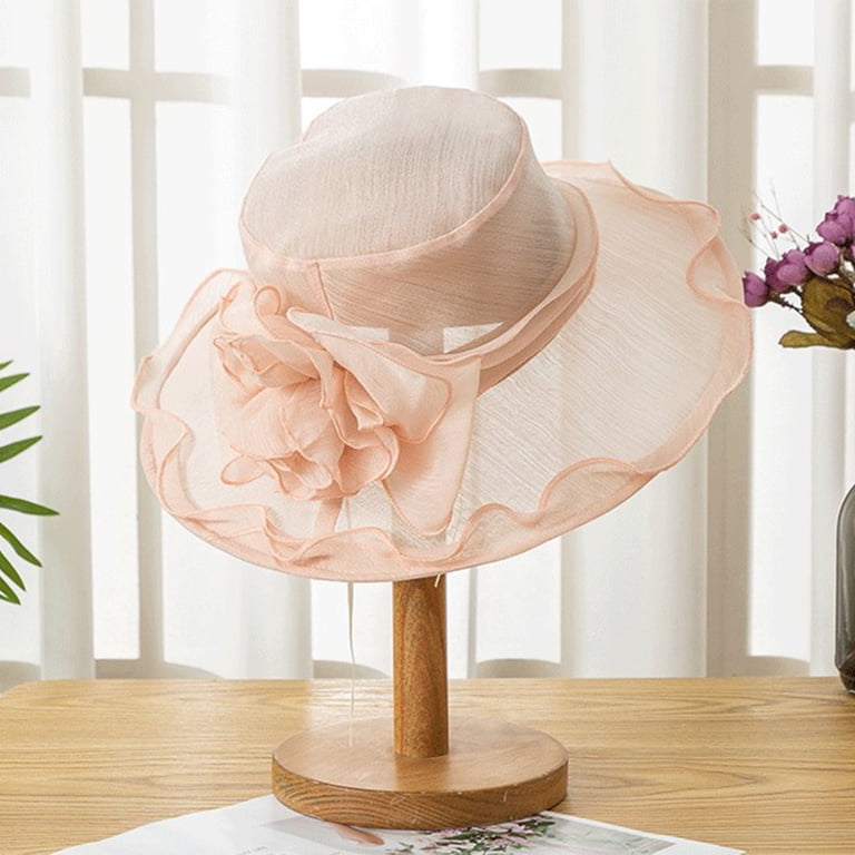Com1950s Womens Wide Brim Dress Hat,Lightweight Formal Fascinator with Faux Linen,Elegant Tea Party Accessory for Weddings and Events, Size: 48, Pink